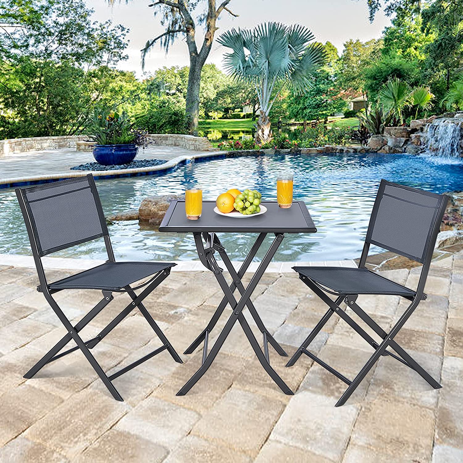 3 pieces bistro furniture set garden backyard round table and folding chair set