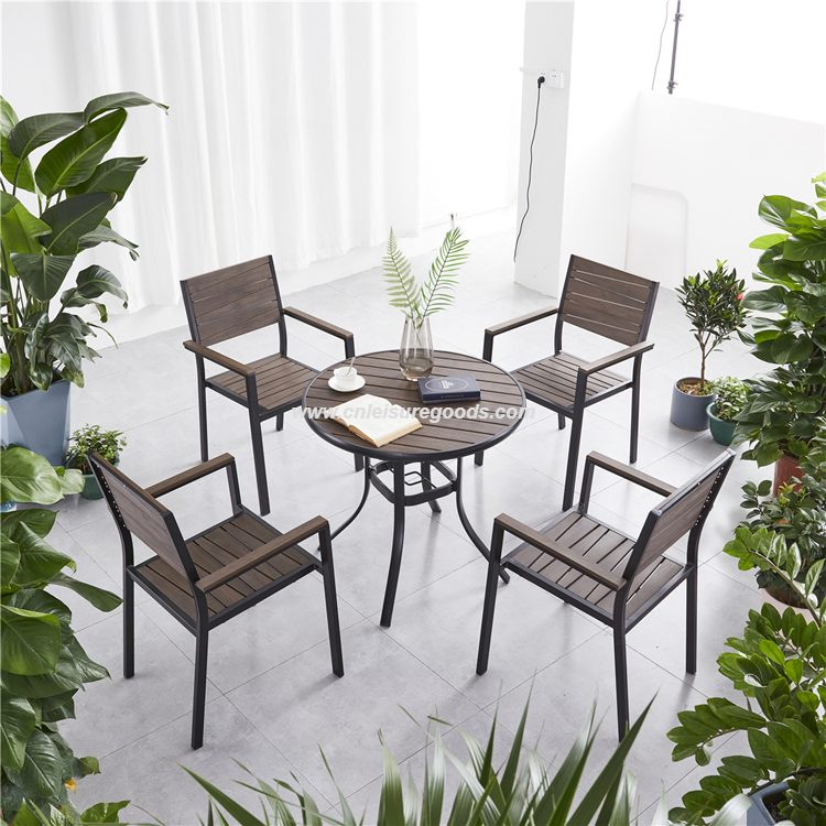 Uplion Patio Waterproof Dining Table Plastic Wood Outdoor Restaurant Tables Aluminum Garden Table Chair Set