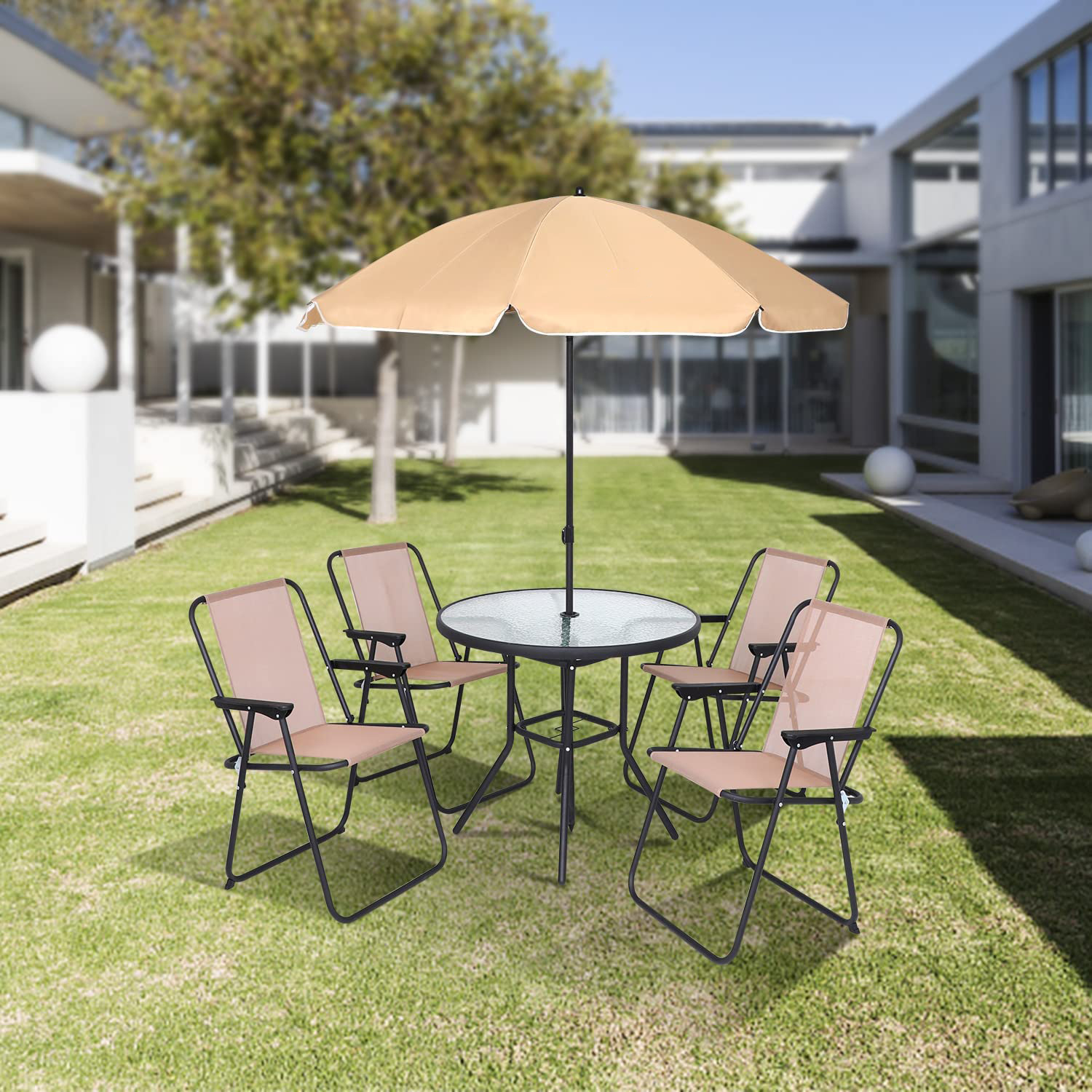 6 Piece Garden Outdoor Folding Table and Chair Furniture Set with tilt Parasol umbrella